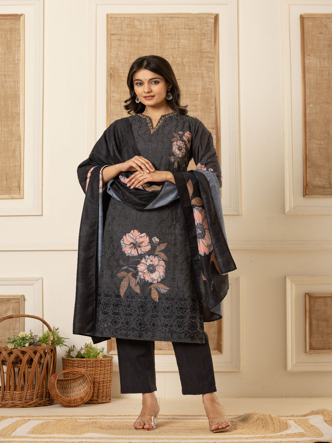 Black Schiffli Straight Kurta with Embroidered Round Neck and Pant with Dupatta By Flamboyant flamboyanttrend.myshopify.com