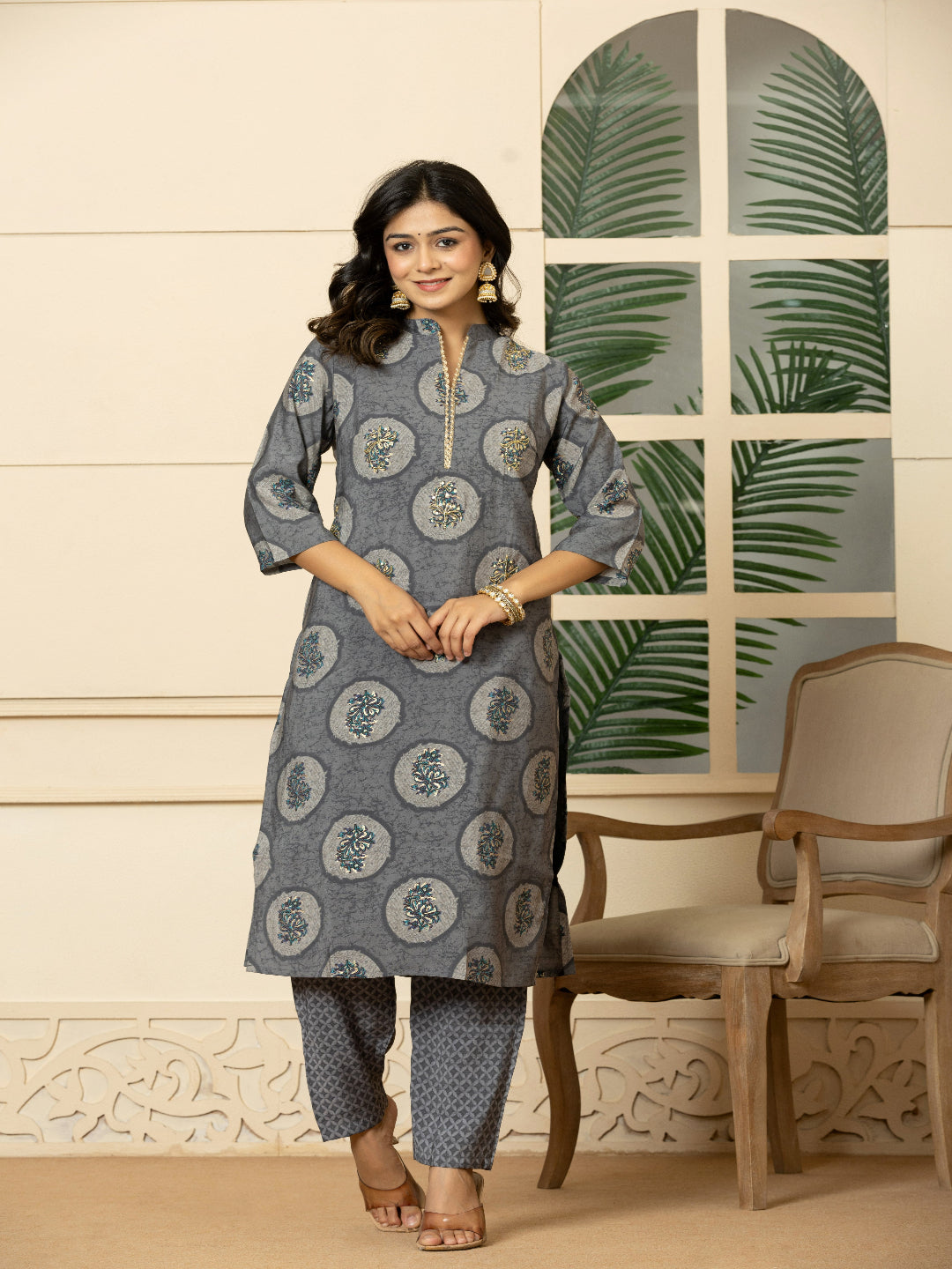 Grey Modal chanderi Straight Kurta with Embroidered Collar and Pant with Dupatta