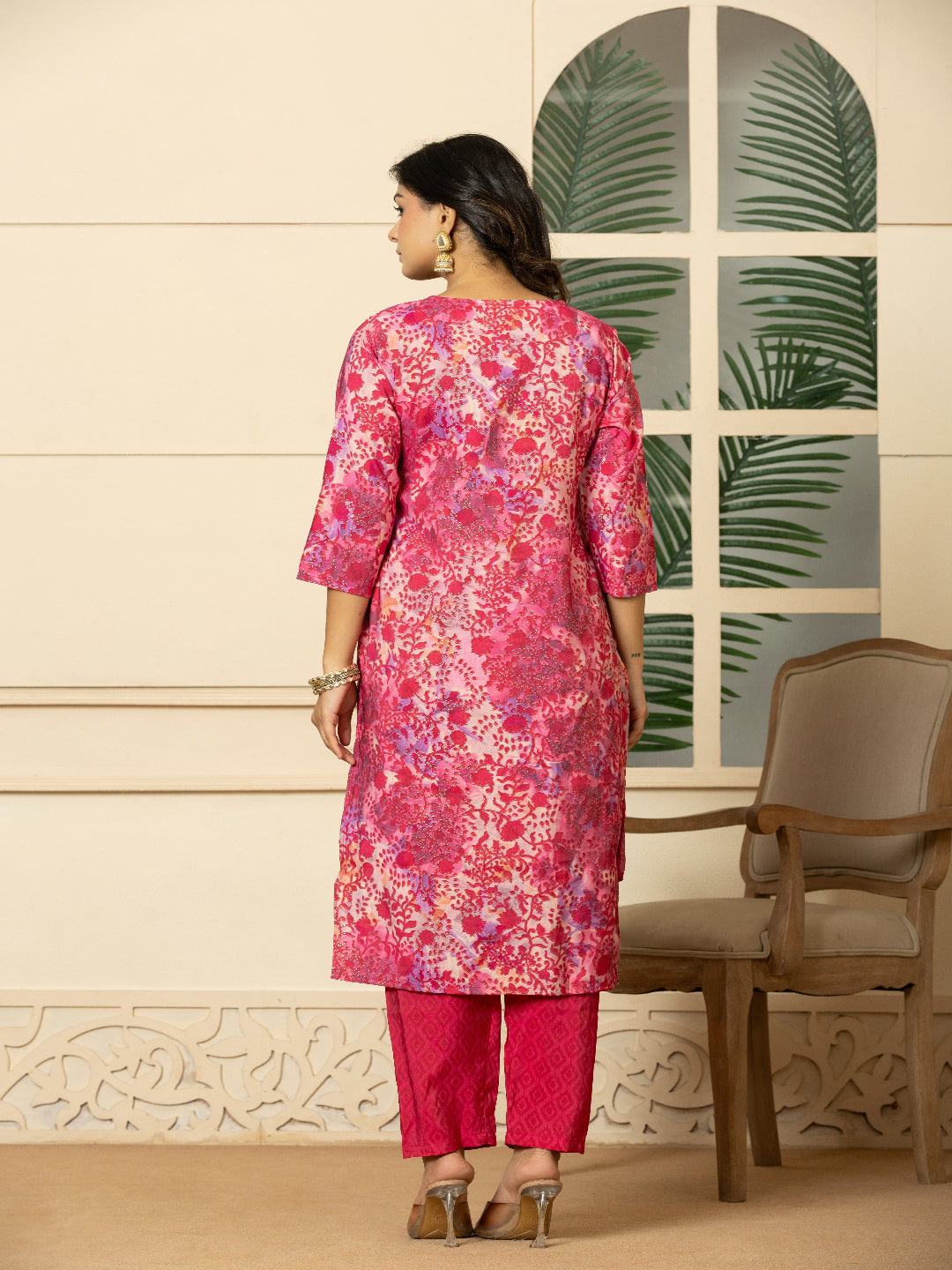 Pink Modal chanderi Kurta with Embroidered V-Neck and Pant with Dupatta