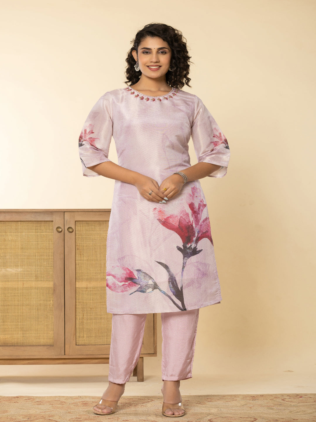 Pink Shimmer Straight Kurta with Embroidered Round Nack and Pant with Dupatta