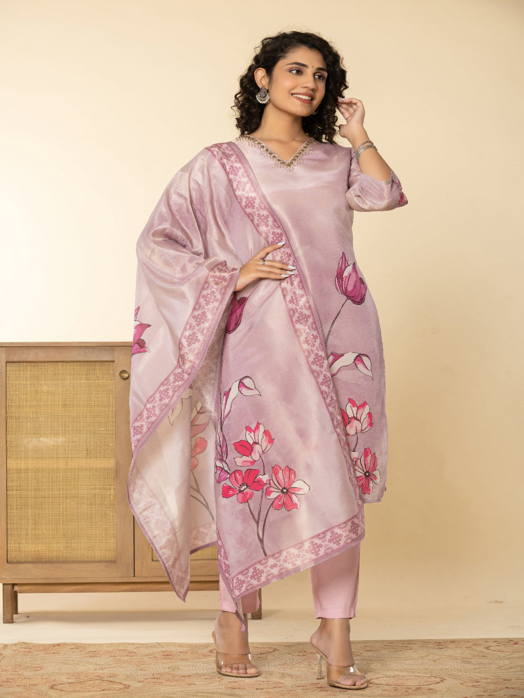 Pink Shimmer Straight Kurta with  Embroidered V-Neck and Pant with Dupatta