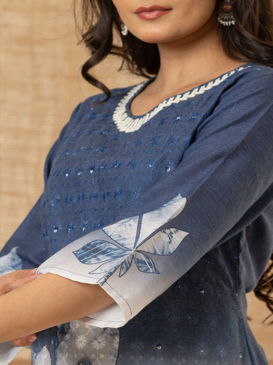 Blue And White Schiffli Straight Kurta with Embroidered Round Neck and Pant with Dupatta By Flamboyant flamboyanttrend.myshopify.com