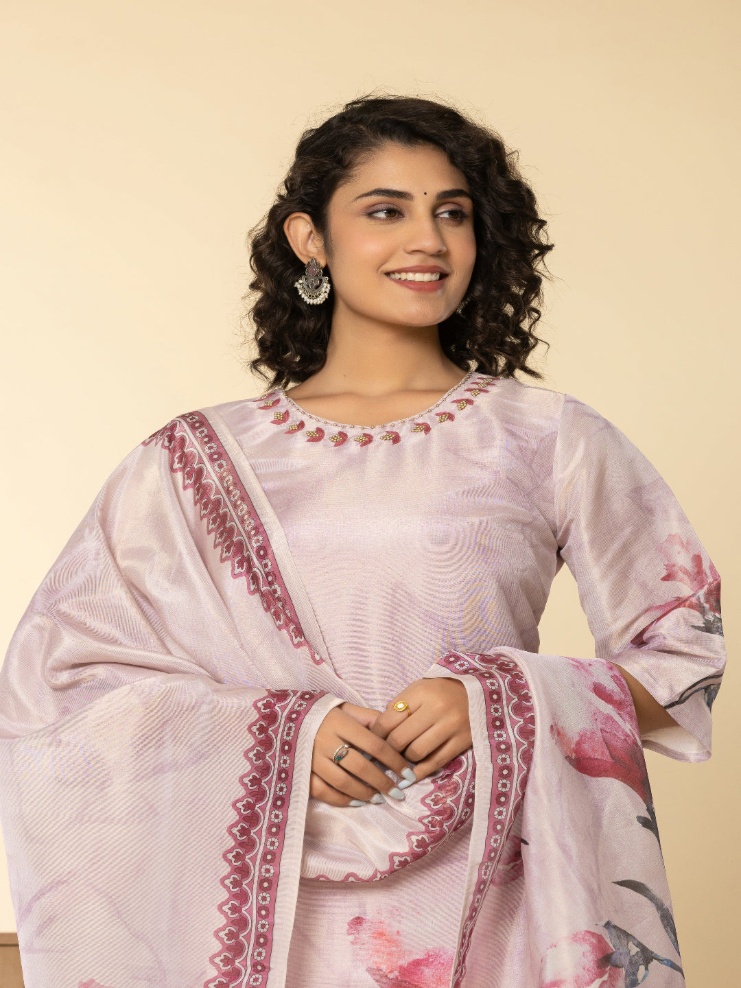 Pink Shimmer Straight Kurta with Embroidered Round Nack and Pant with Dupatta