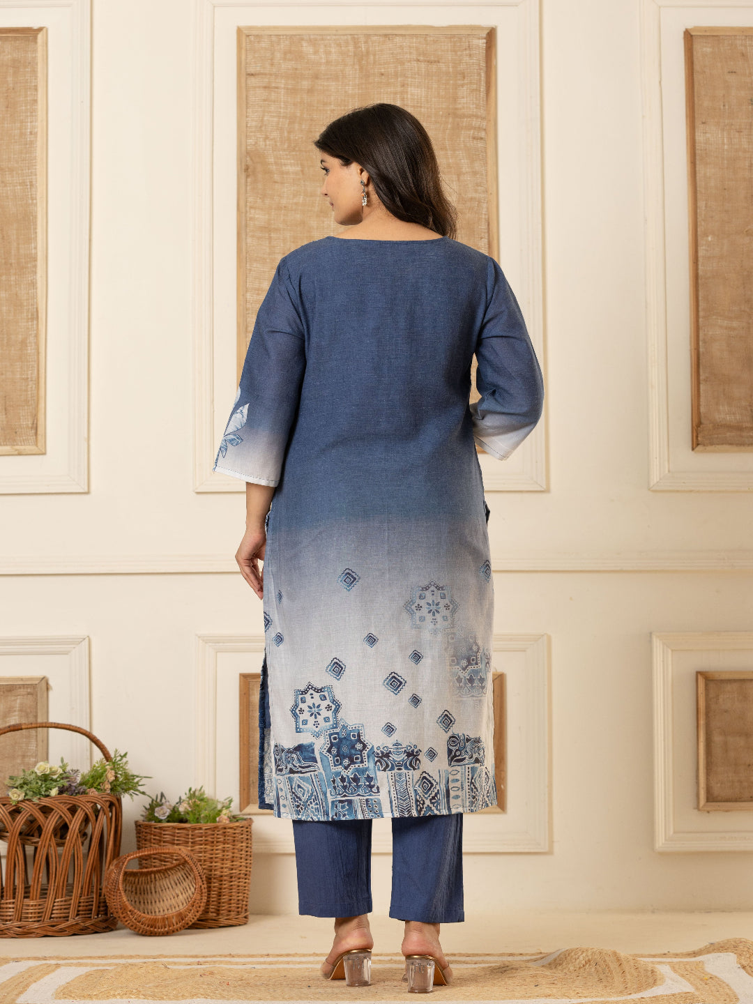 Blue And White Schiffli Straight Kurta with Embroidered Round Neck and Pant with Dupatta By Flamboyant flamboyanttrend.myshopify.com