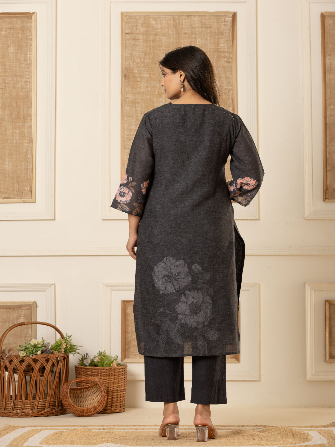 Black Schiffli Straight Kurta with Embroidered Round Neck and Pant with Dupatta By Flamboyant flamboyanttrend.myshopify.com