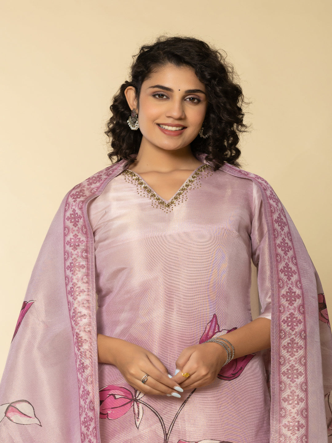 Pink Shimmer Straight Kurta with  Embroidered V-Neck and Pant with Dupatta