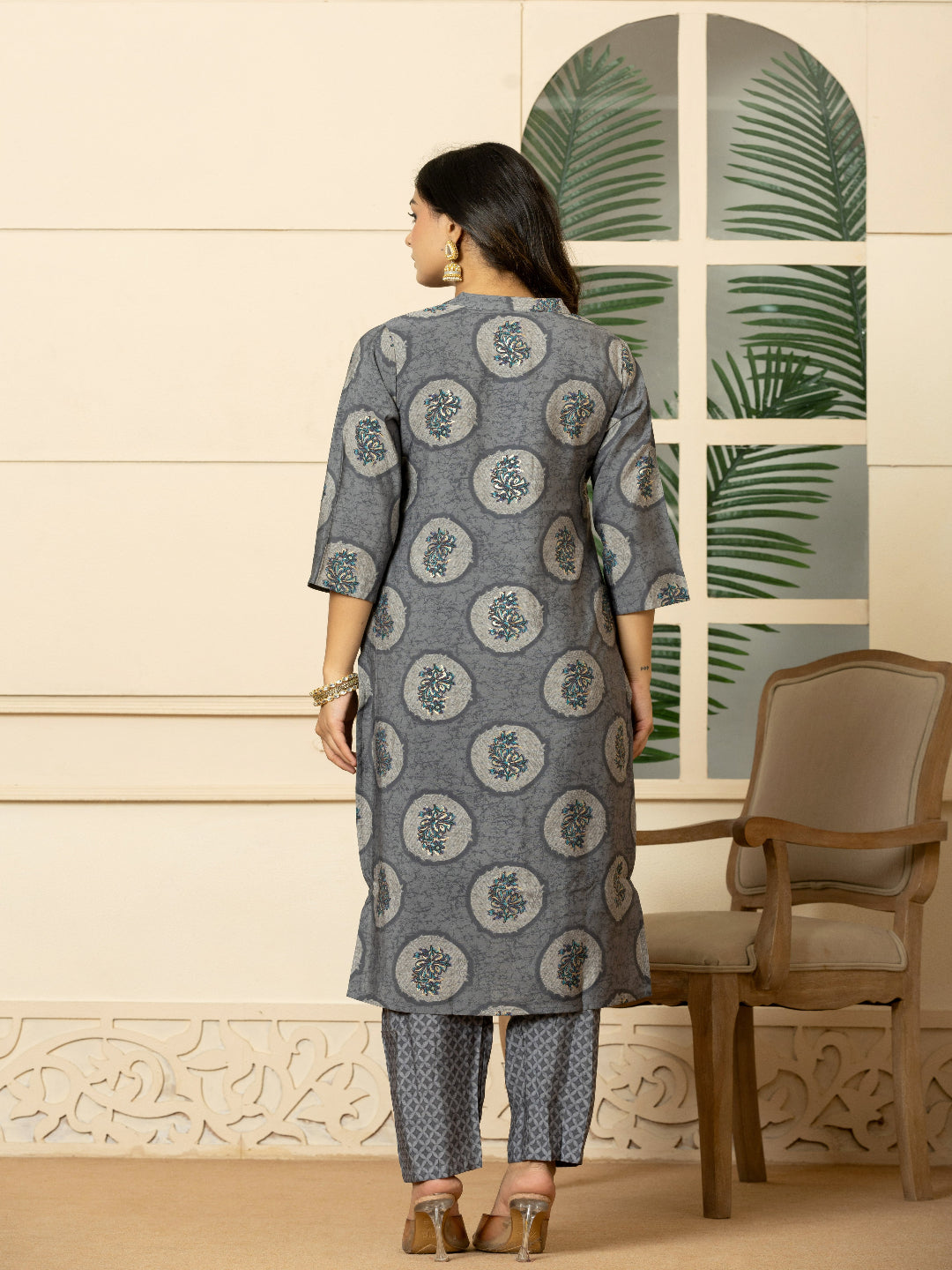 Grey Modal chanderi Straight Kurta with Embroidered Collar and Pant with Dupatta