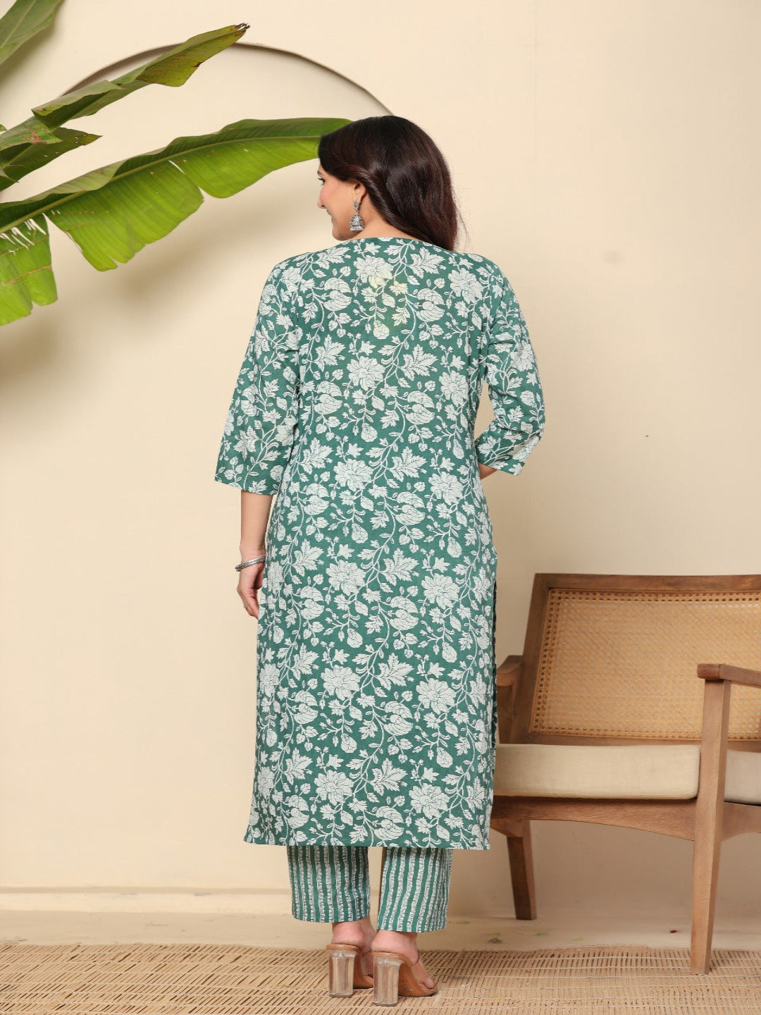 Green Printed Pure Cotton Kurta With Trousers & Dupatta For Women