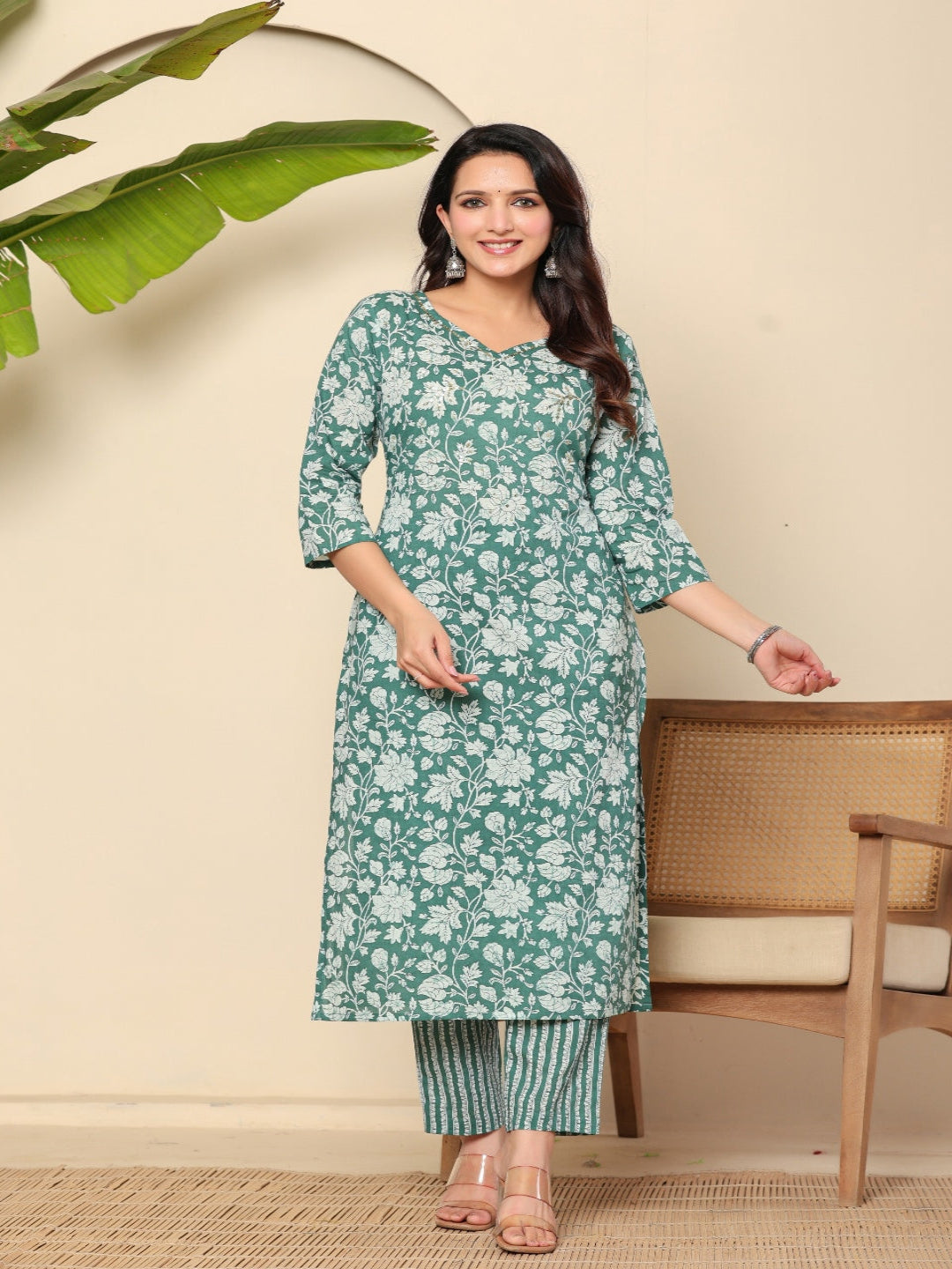 Green Printed Pure Cotton Kurta With Trousers & Dupatta For Women