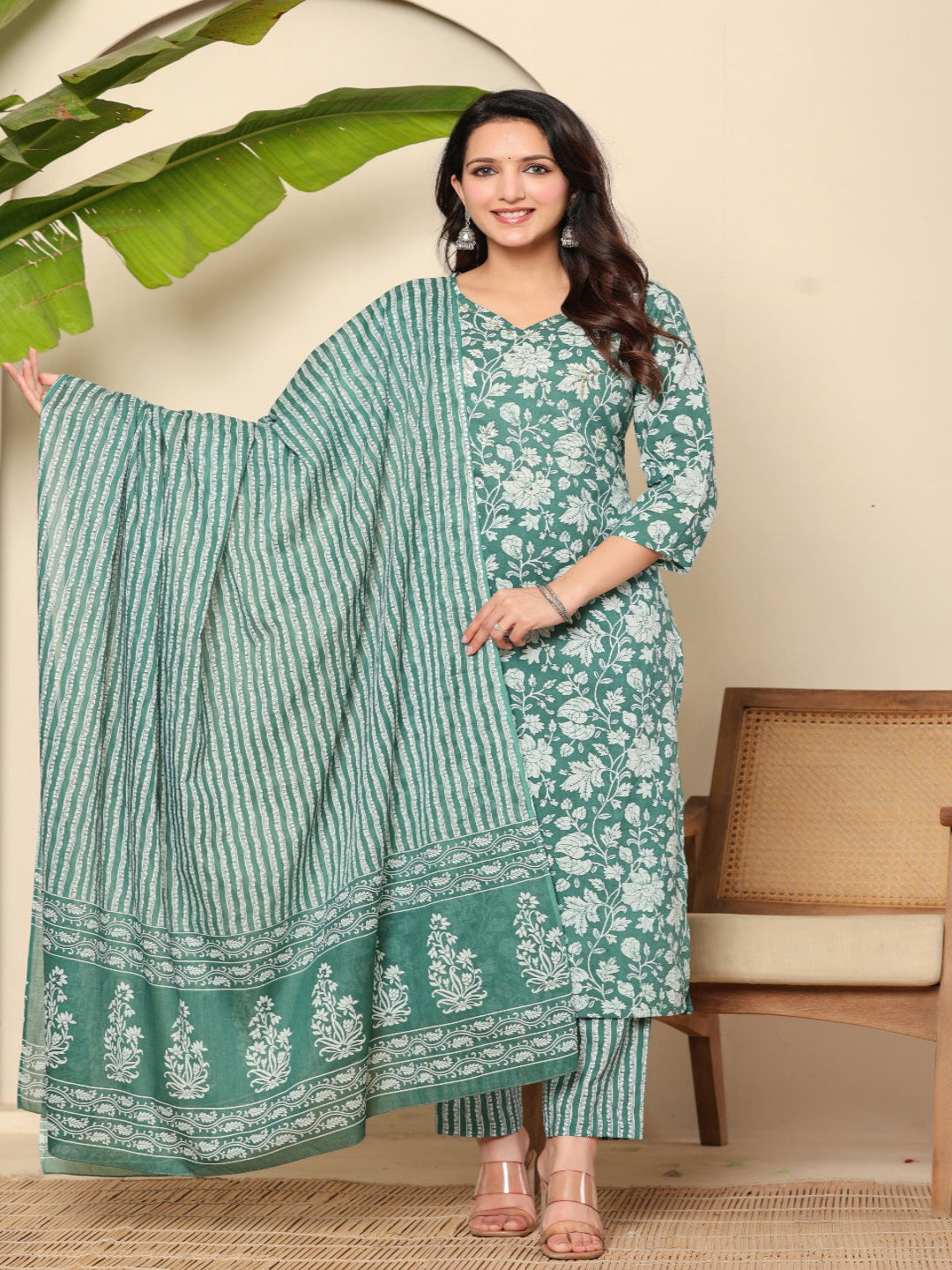 Green Printed Pure Cotton Kurta With Trousers & Dupatta For Women