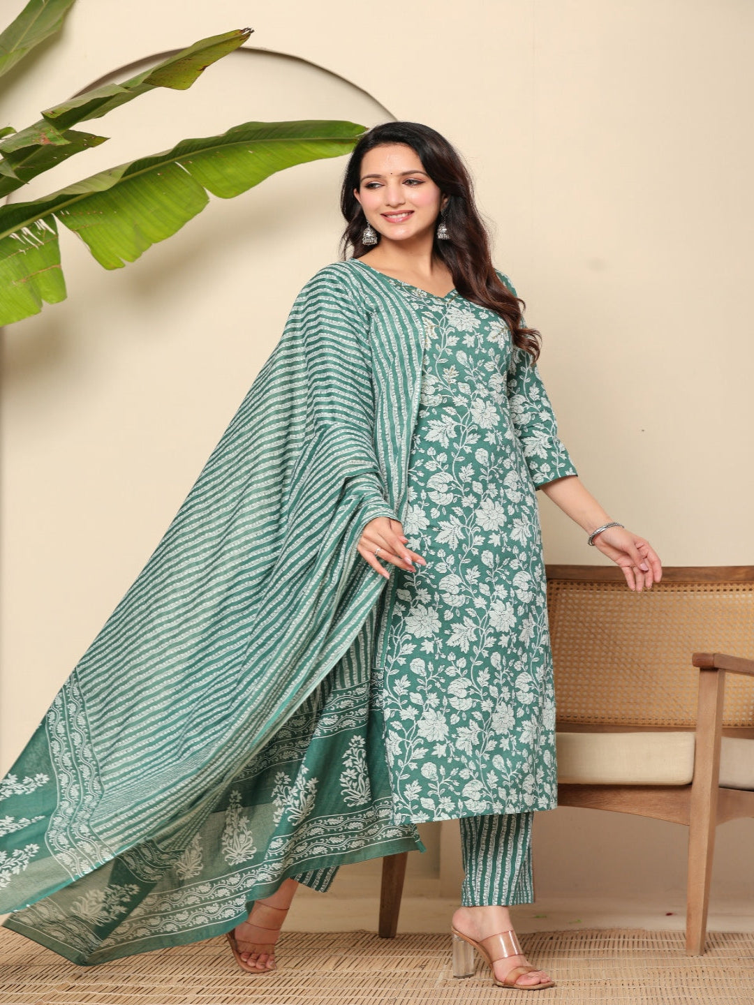 Green Printed Pure Cotton Kurta With Trousers & Dupatta For Women