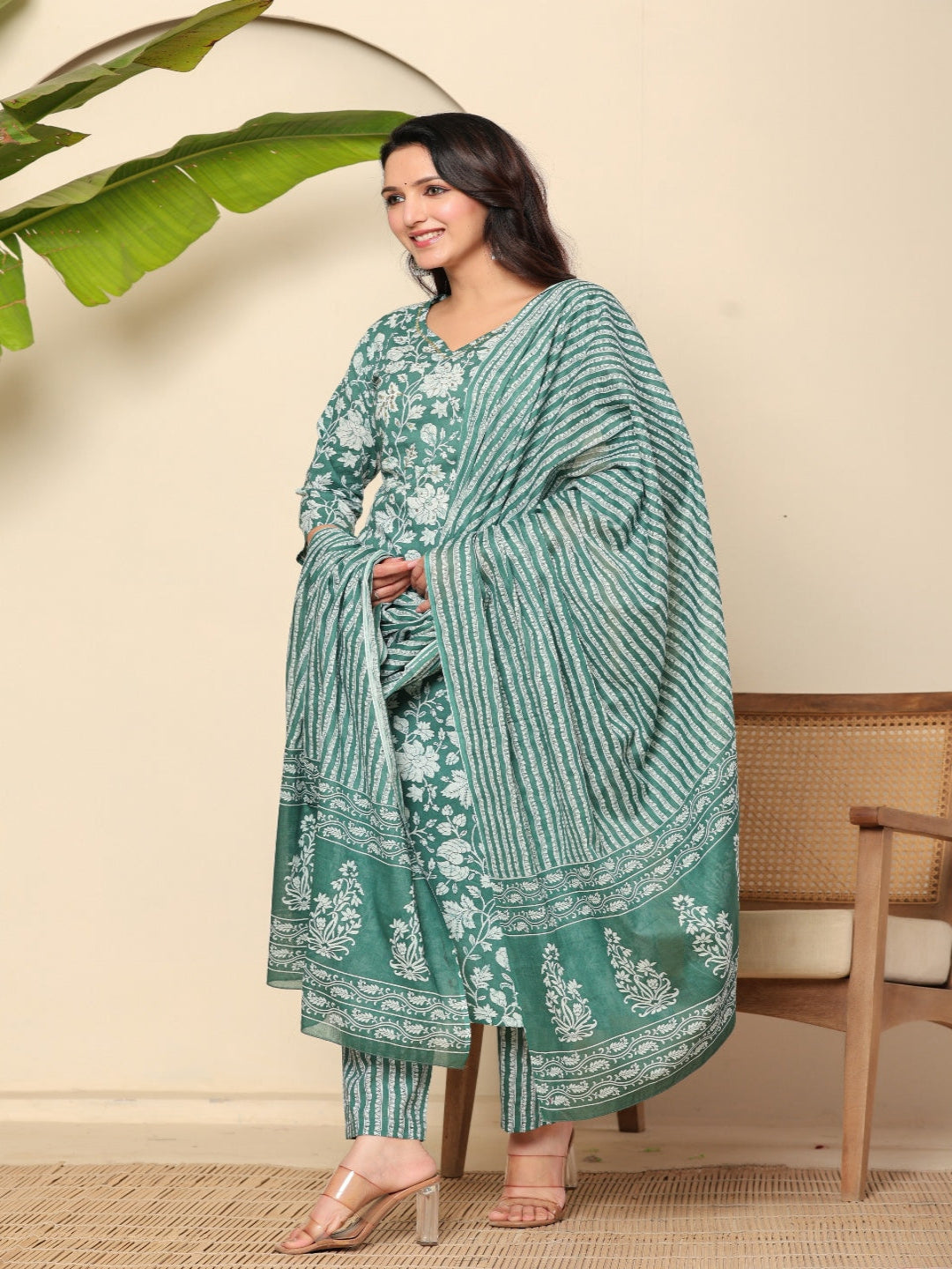 Green Printed Pure Cotton Kurta With Trousers & Dupatta For Women