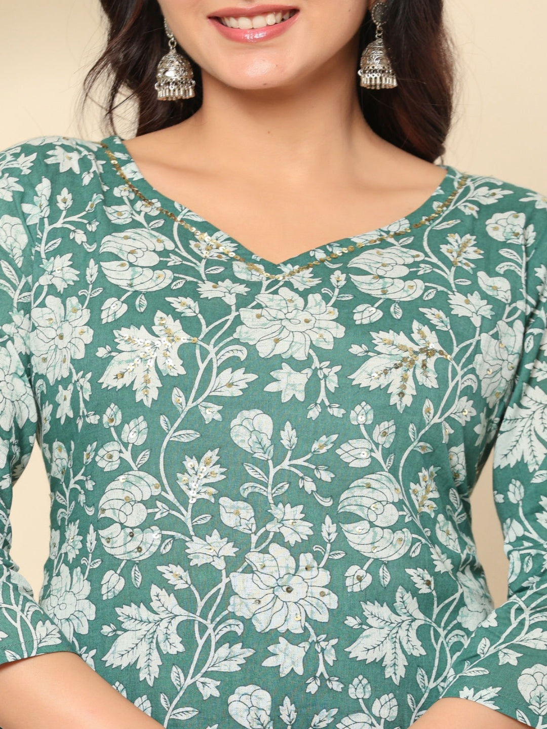 Green Printed Pure Cotton Kurta With Trousers & Dupatta For Women