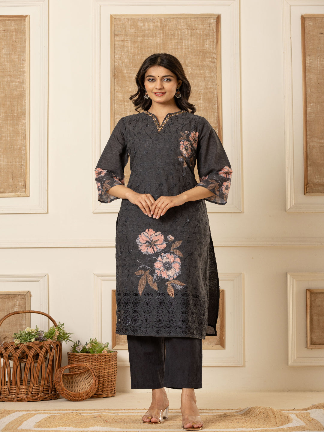 Black Schiffli Straight Kurta with Embroidered Round Neck and Pant with Dupatta By Flamboyant flamboyanttrend.myshopify.com