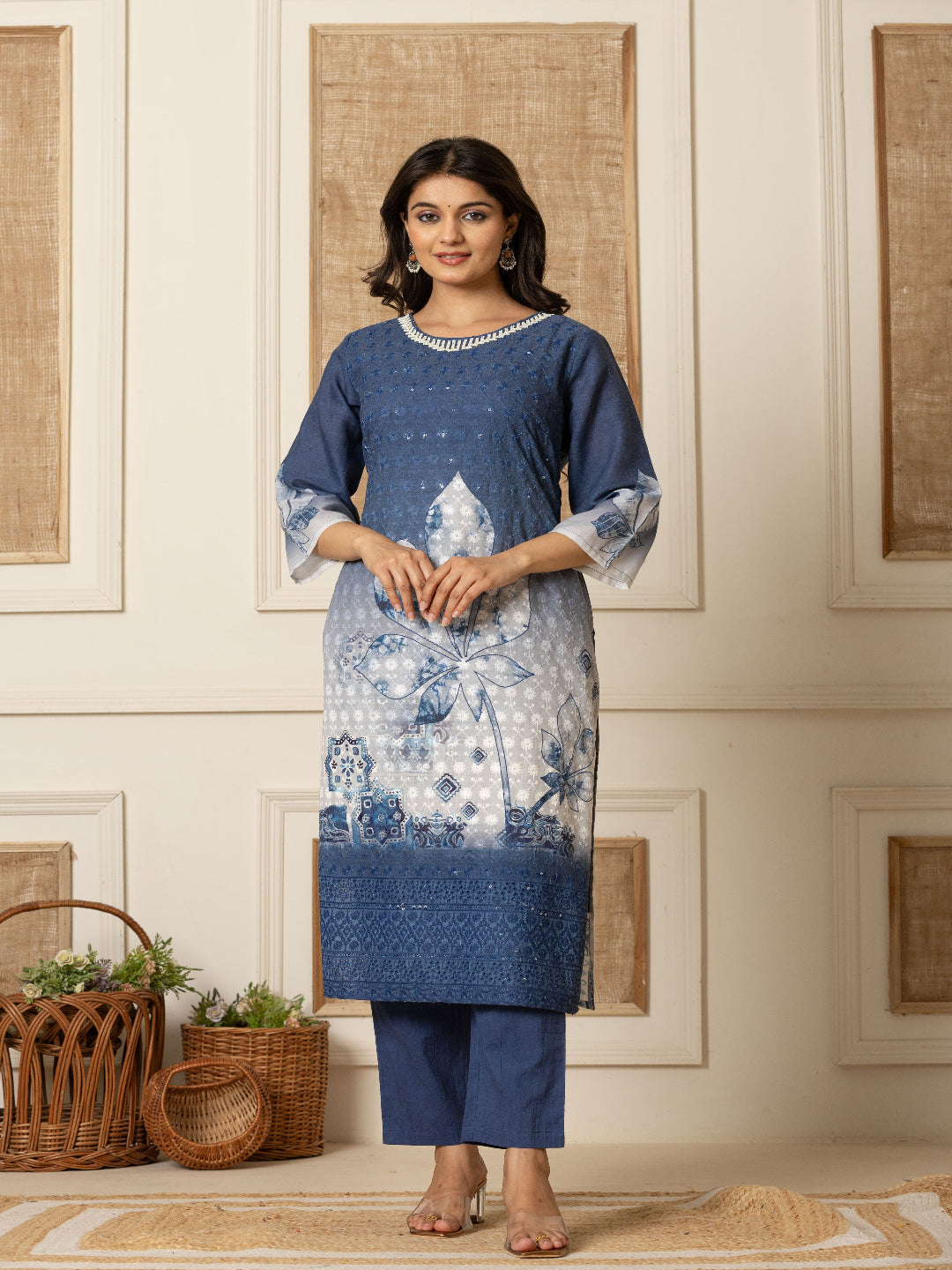 Blue And White Schiffli Straight Kurta with Embroidered Round Neck and Pant with Dupatta By Flamboyant flamboyanttrend.myshopify.com