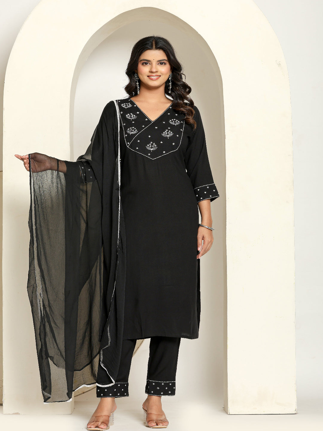 Black Rayon Straight Kurta with Embroidered V- Nack and Pant with Dupatta 1st