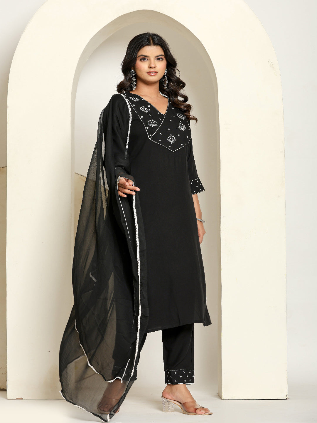 Black Rayon Straight Kurta with Embroidered V- Nack and Pant with Dupatta 2nd