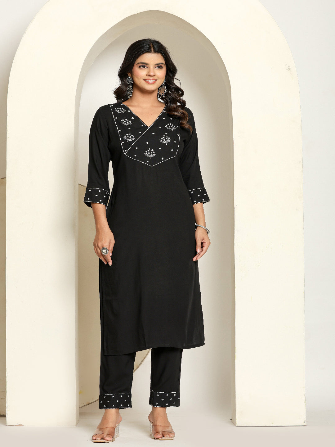 Black Rayon Straight Kurta with Embroidered V- Nack and Pant with Dupatta 4th