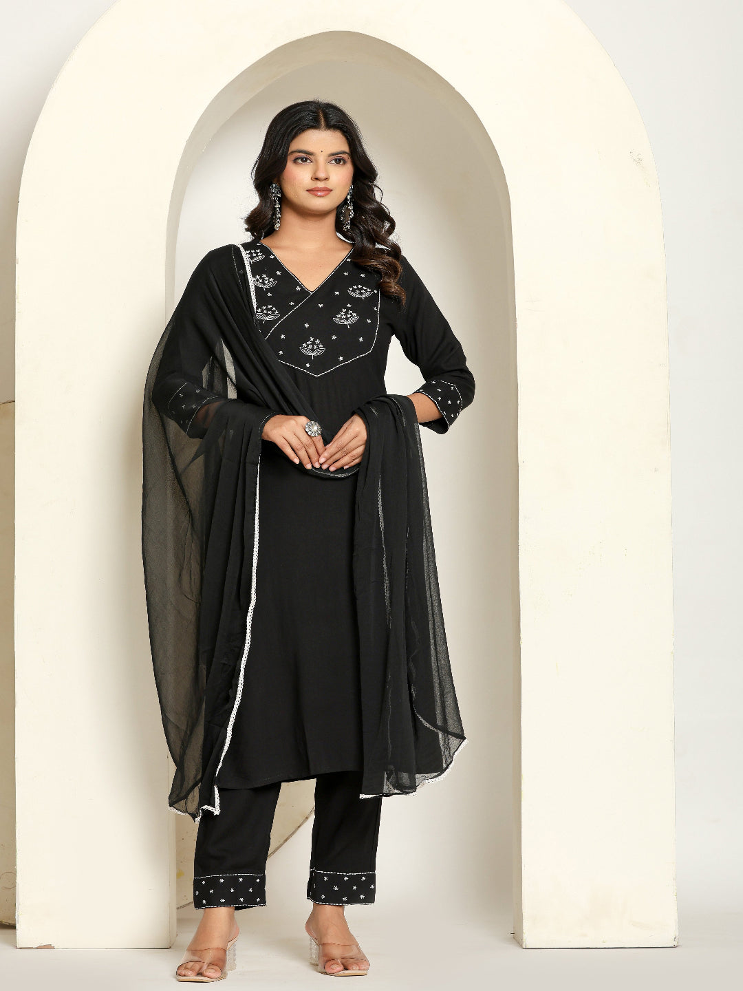 Black Rayon Straight Kurta with Embroidered V- Nack and Pant with Dupatta 6th