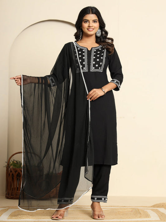 Black Royan Straight Kurta with Embroidered V- Nack and Pant with Dupatta 1st
