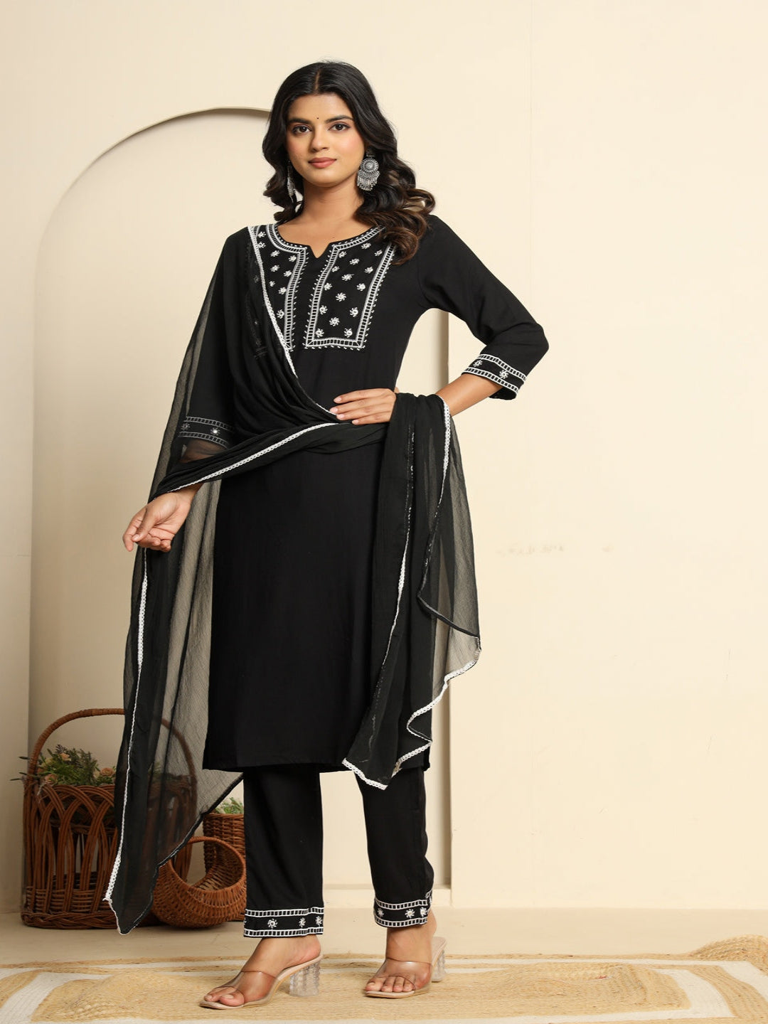 Black Royan Straight Kurta with Embroidered V- Nack and Pant with Dupatta 2nd