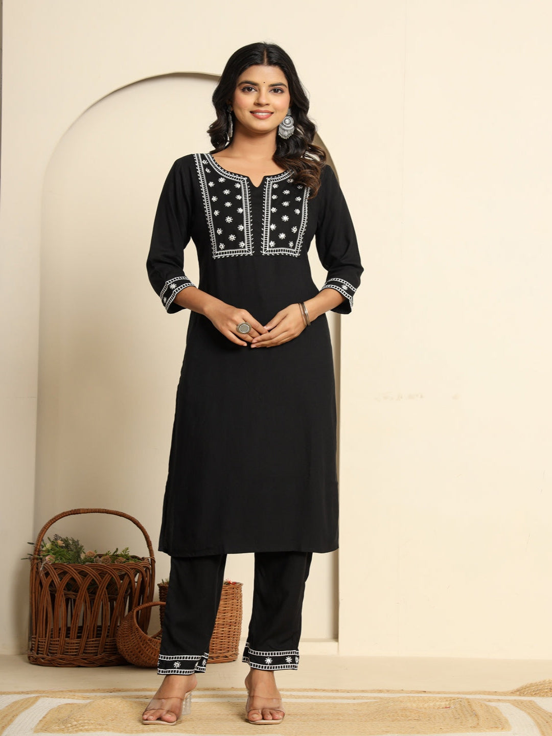 Black Royan Straight Kurta with Embroidered V- Nack and Pant with Dupatta 5th