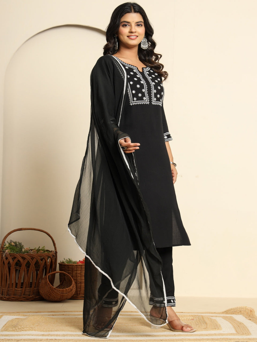 Black Royan Straight Kurta with Embroidered V- Nack and Pant with Dupatta 6th