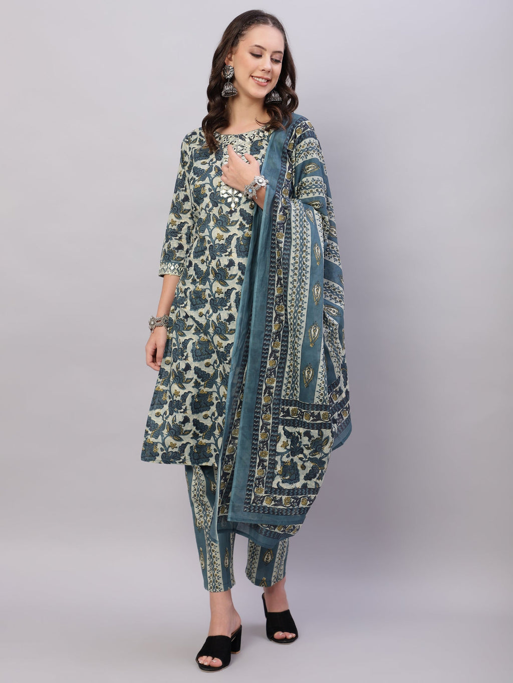 FLAMBOYANTTREND Blue Ethnic Motifs Floral Print Kurta with Trousers & Dupatta By Flamboyant 3 pcs set kurta kurta set Pant Women kurta set