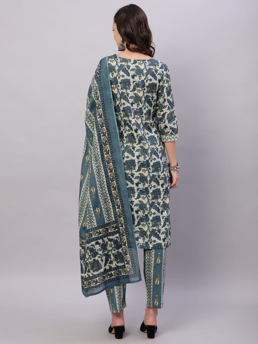 FLAMBOYANTTREND Blue Ethnic Motifs Floral Print Kurta with Trousers & Dupatta By Flamboyant 3 pcs set kurta kurta set Pant Women kurta set
