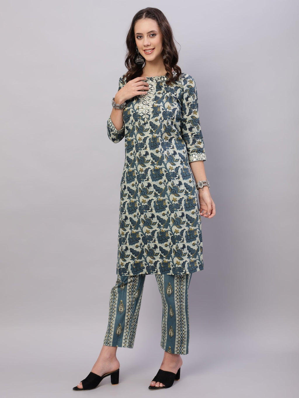 FLAMBOYANTTREND Blue Ethnic Motifs Floral Print Kurta with Trousers & Dupatta By Flamboyant 3 pcs set kurta kurta set Pant Women kurta set