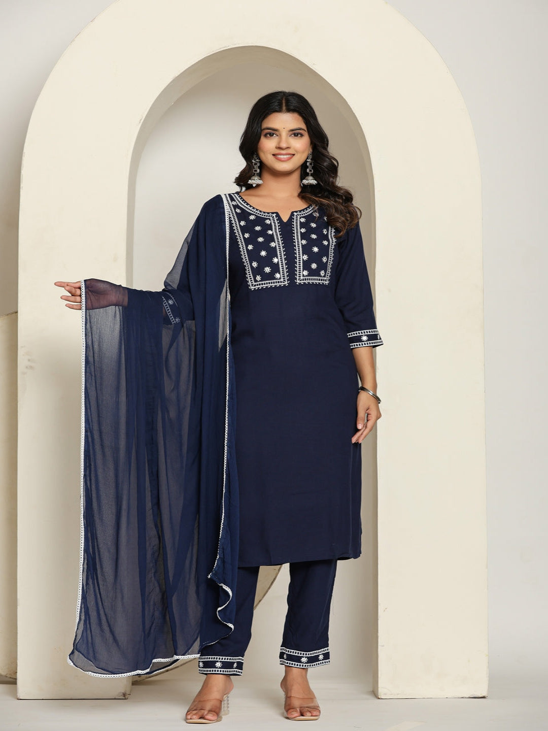 Blue Royan Straight Kurta with Embroidered  V- Nack and Pant with Dupatta 1st