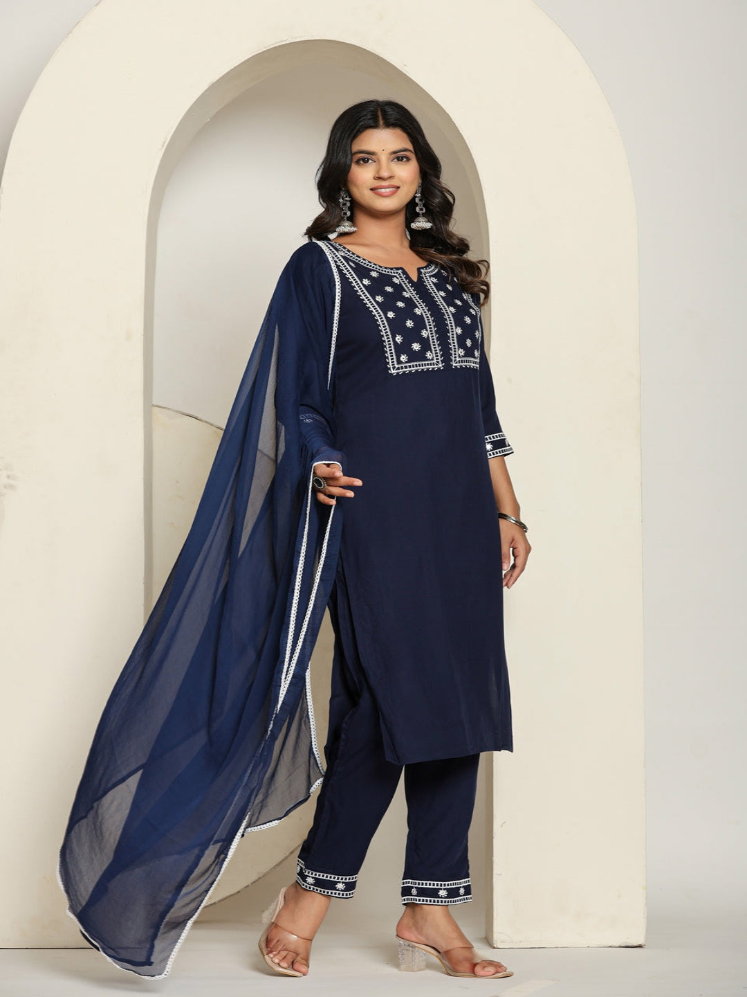 Blue Royan Straight Kurta with Embroidered  V- Nack and Pant with Dupatta 4th