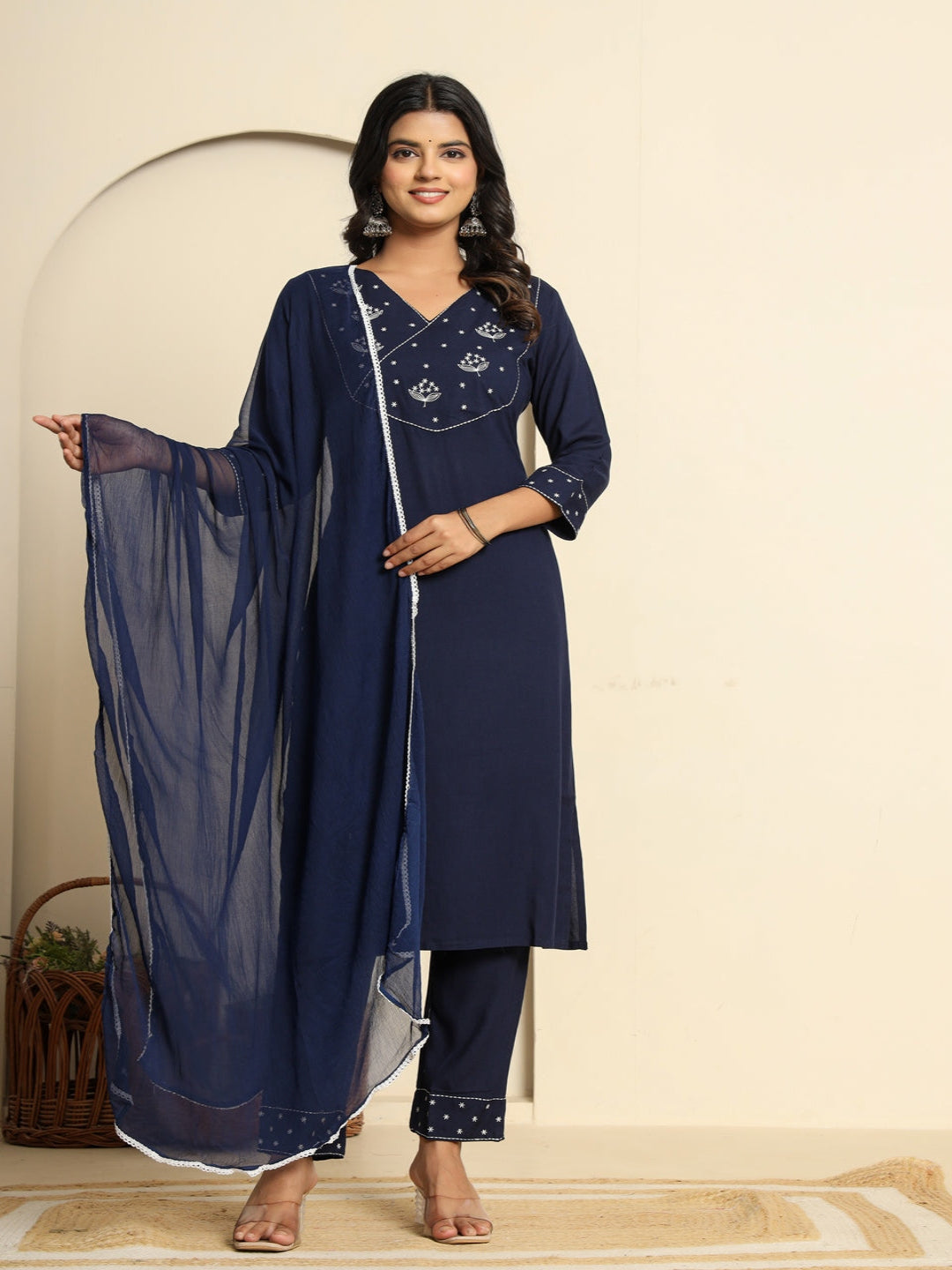 Blue Royan Straight Kurta with Embroidered V- Nack and Pant with Dupatta 1st
