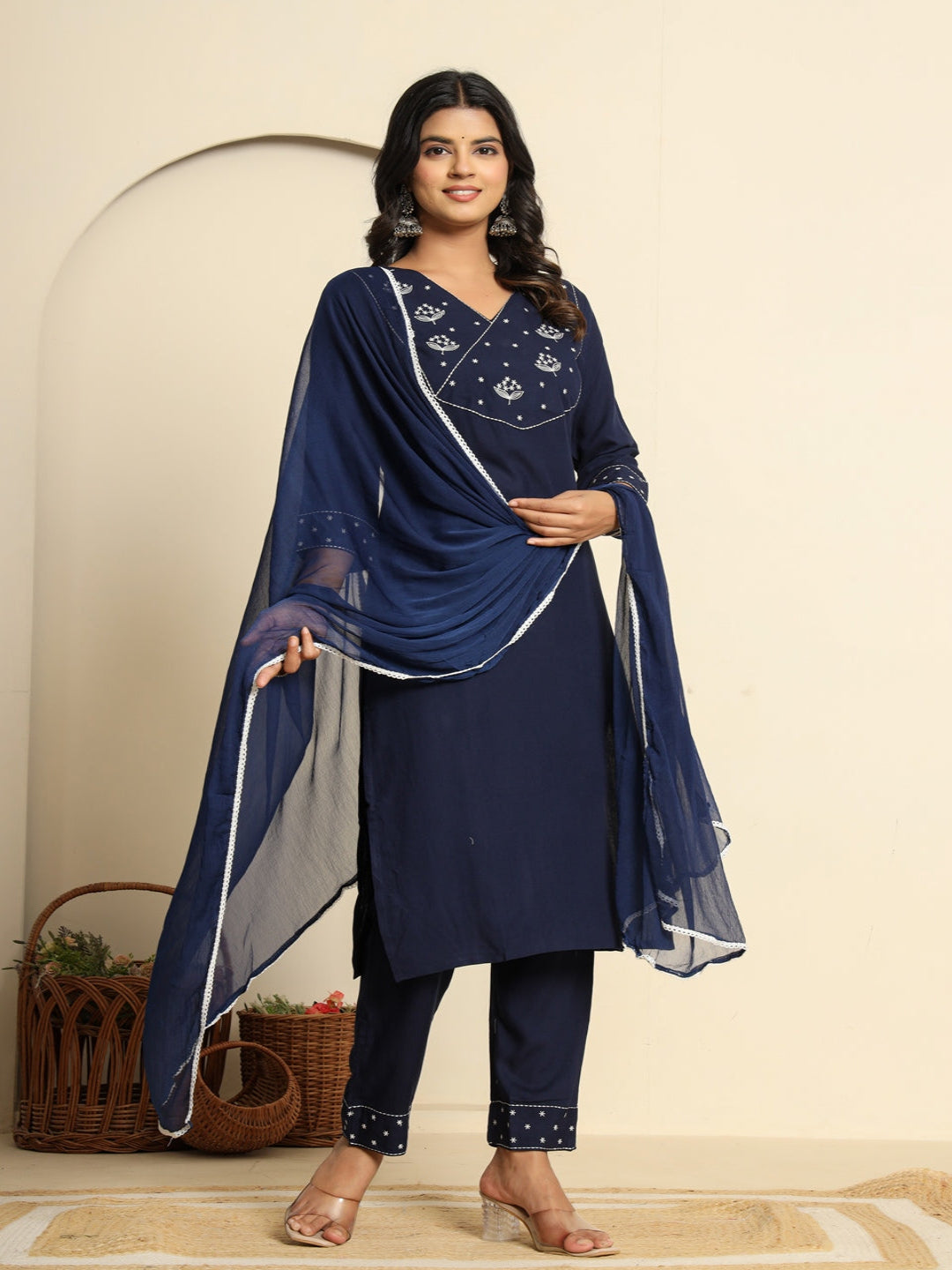 Blue Royan Straight Kurta with Embroidered V- Nack and Pant with Dupatta 2nd