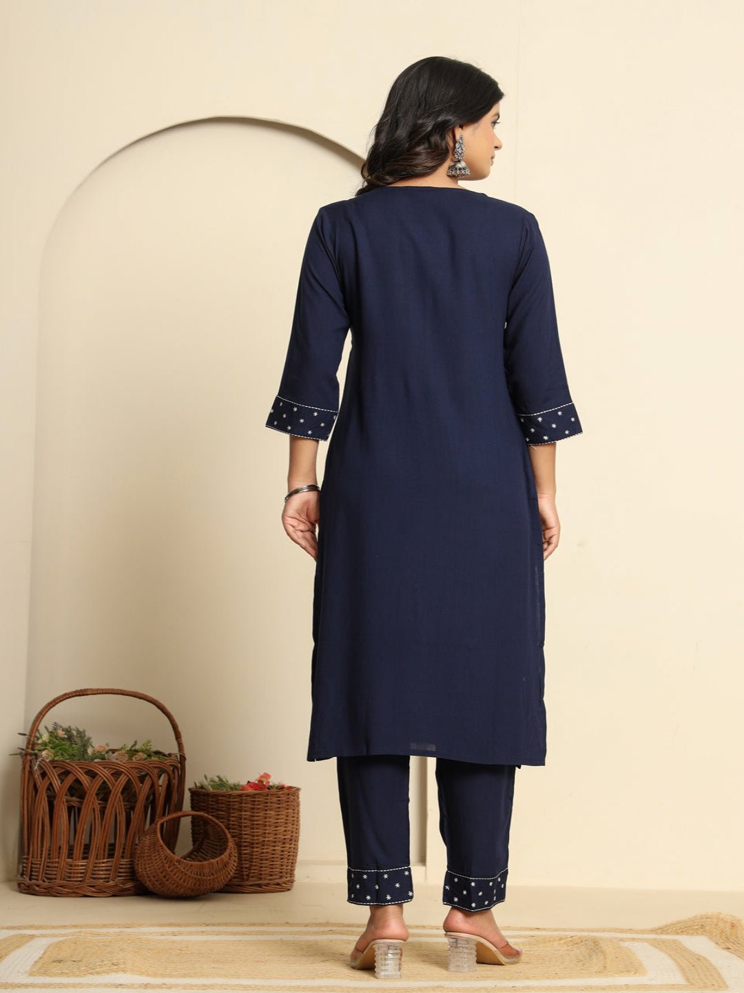 Blue Royan Straight Kurta with Embroidered V- Nack and Pant with Dupatta 4th