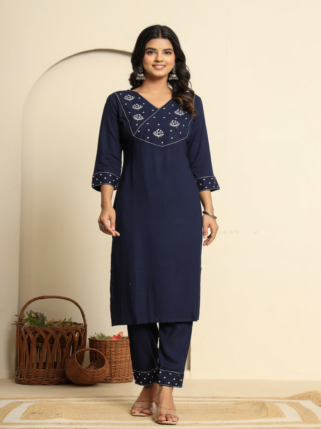 Blue Royan Straight Kurta with Embroidered V- Nack and Pant with Dupatta 5th