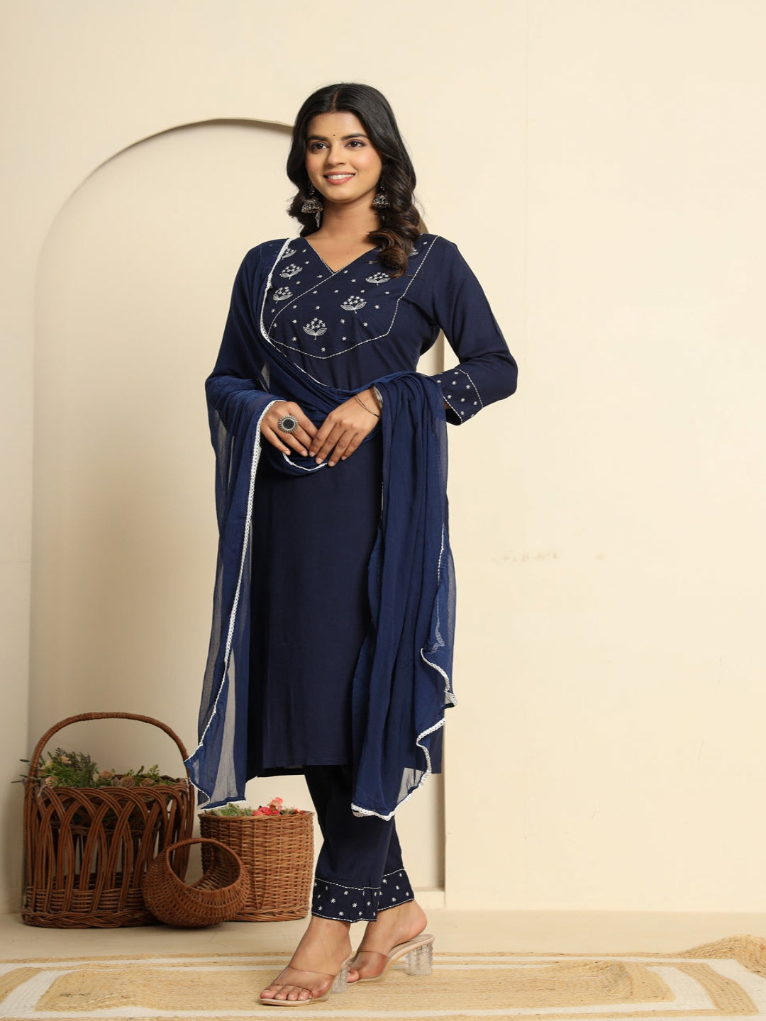Blue Royan Straight Kurta with Embroidered V- Nack and Pant with Dupatta 8th