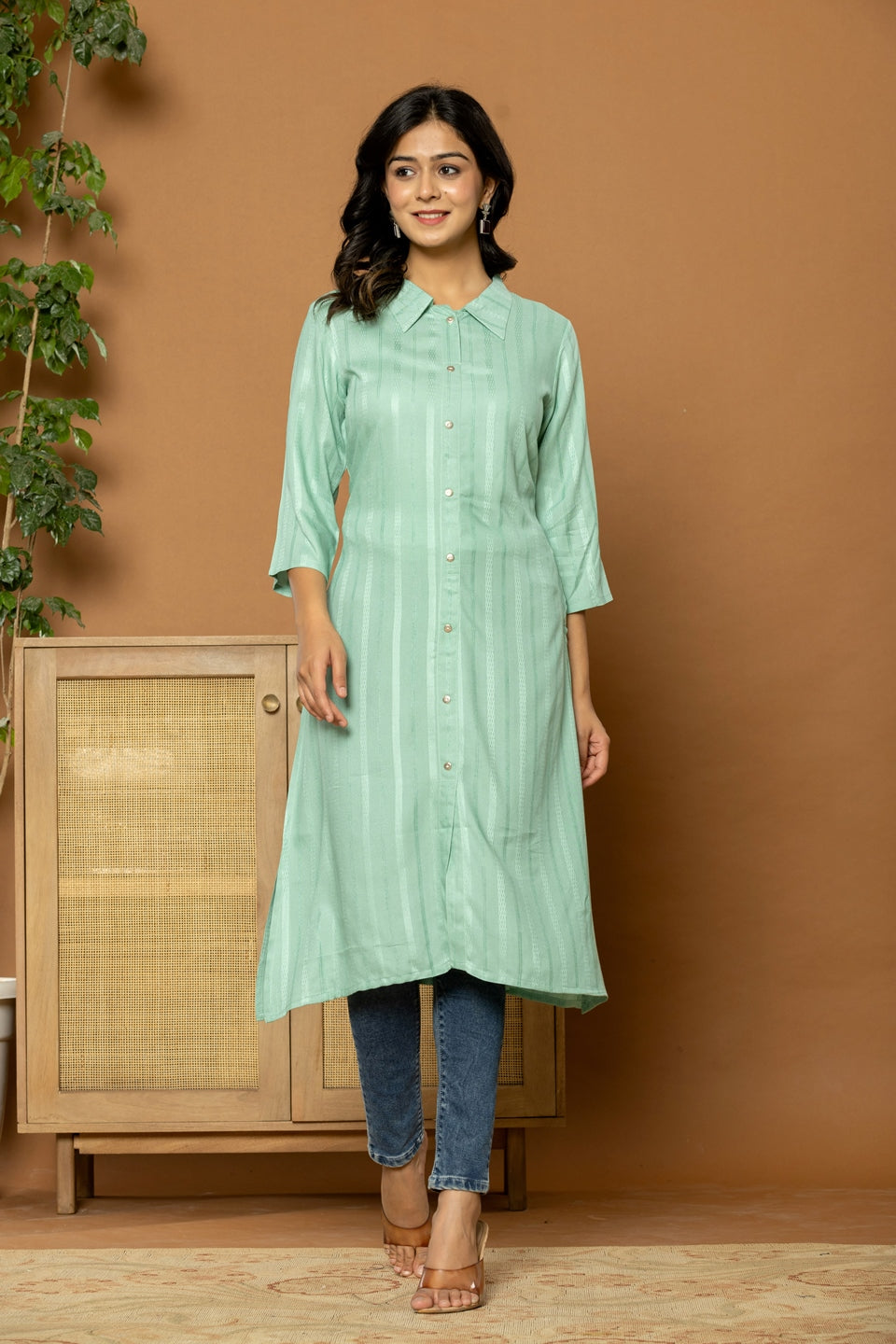 Green Rayon Kurta for Women - Elegant Button-Down Design for Everyday Style