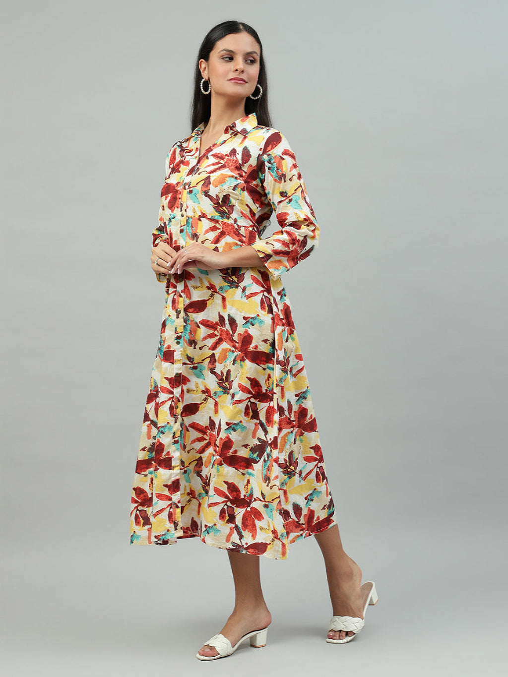 Flamboyant Peach Floral Print Cotton Dress for Women 1st
