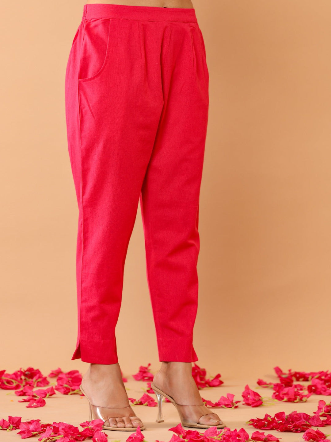 Flamboyant Pink Cassual Cotton Solid Women Pant. 4th
