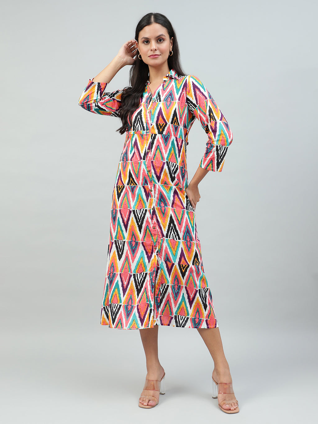 Flamboyant Pink Floral Print Cotton Dress for Women 1st
