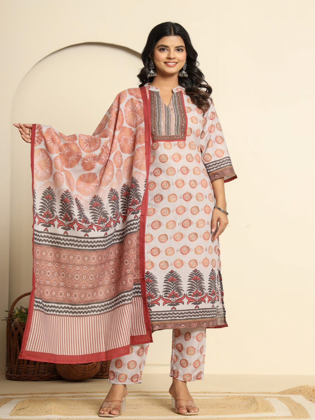 Flamboyant Women Printed Peach Regular Pure Cotton Kurta With Trousers & Dupatta