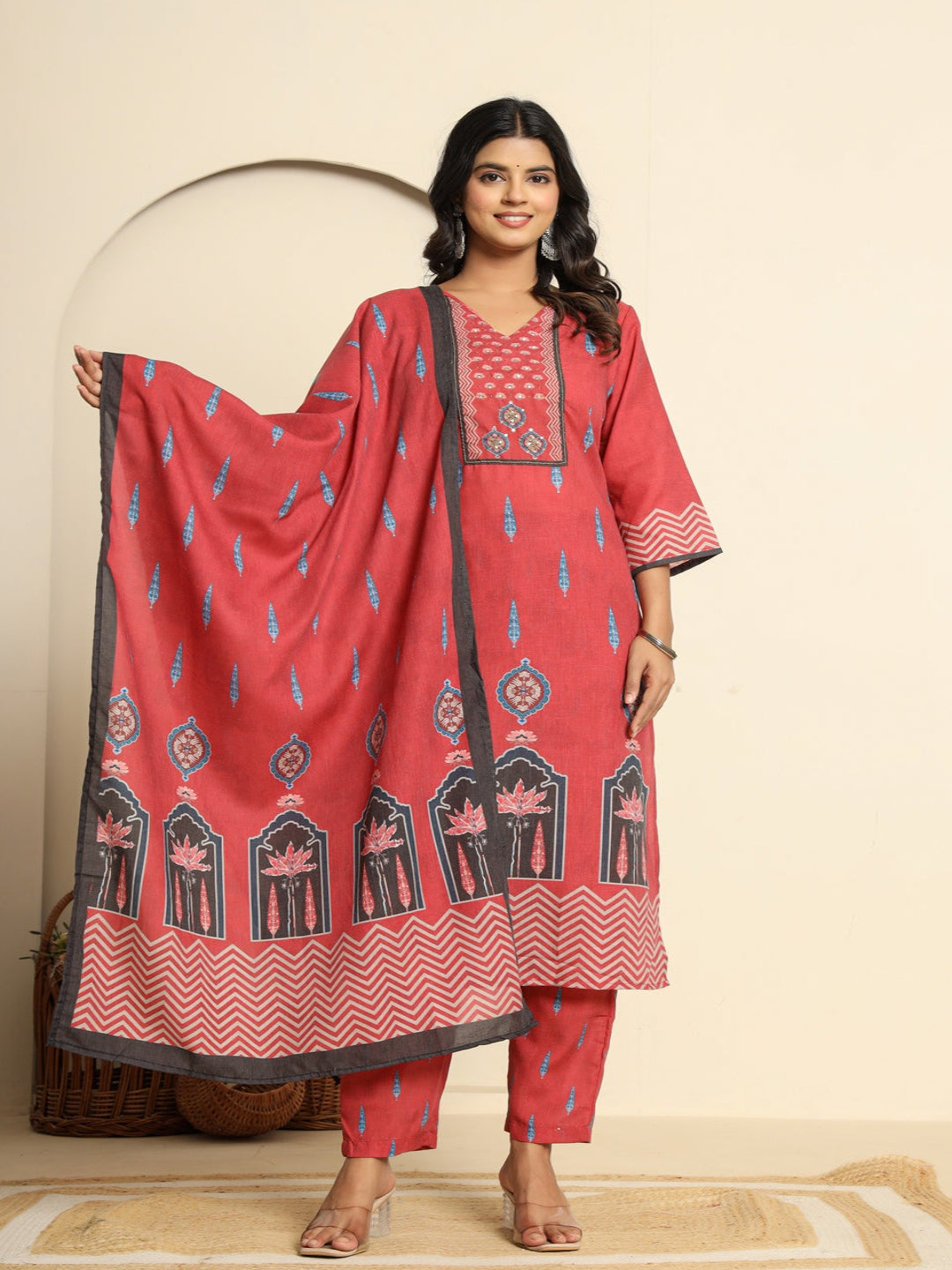 Flamboyant Women Printed Red Regular Pure Cotton Kurta With Trousers & Dupatta