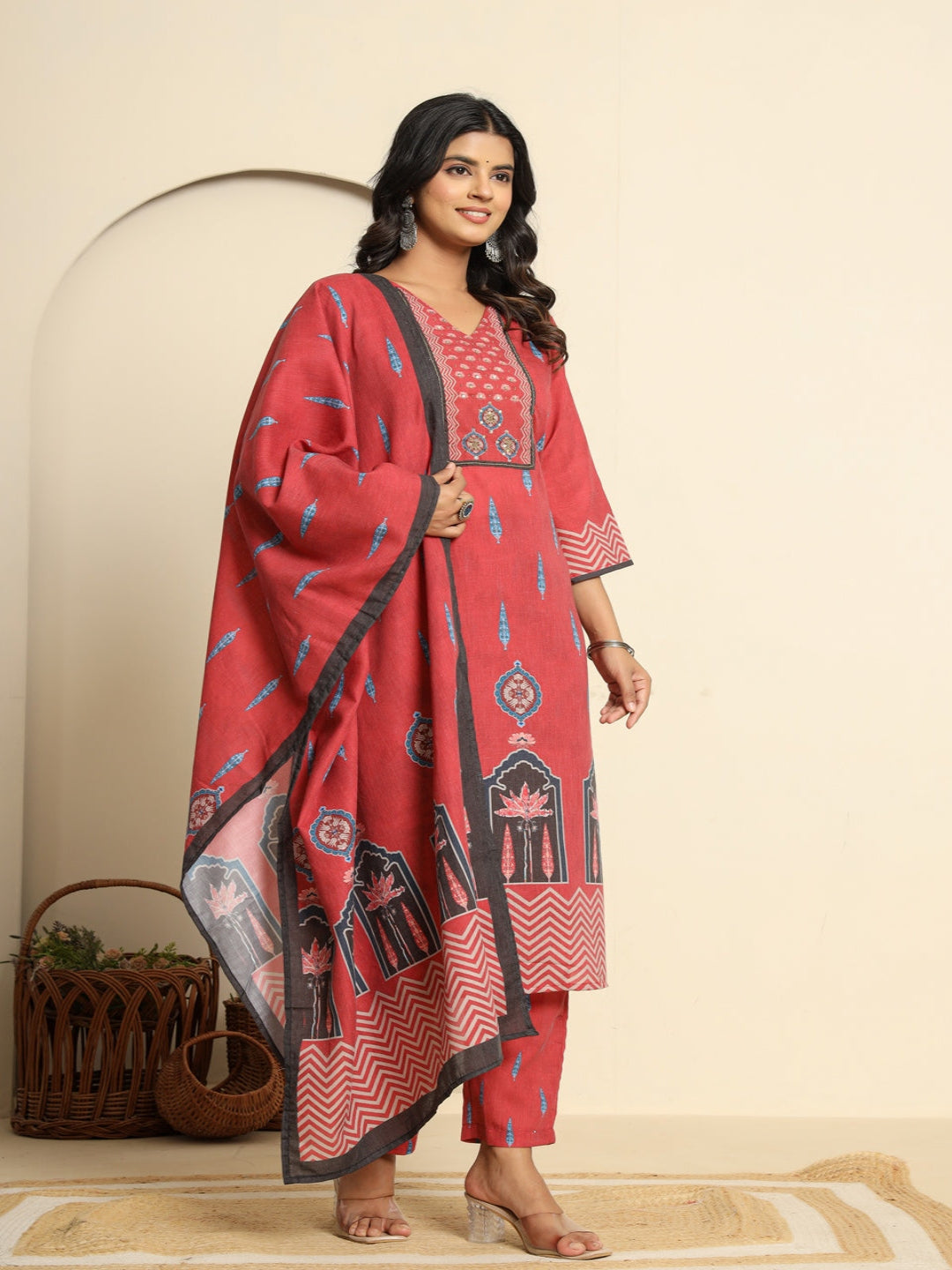 Women Printed Red Regular Pure Cotton Kurta With Trousers & Dupatta