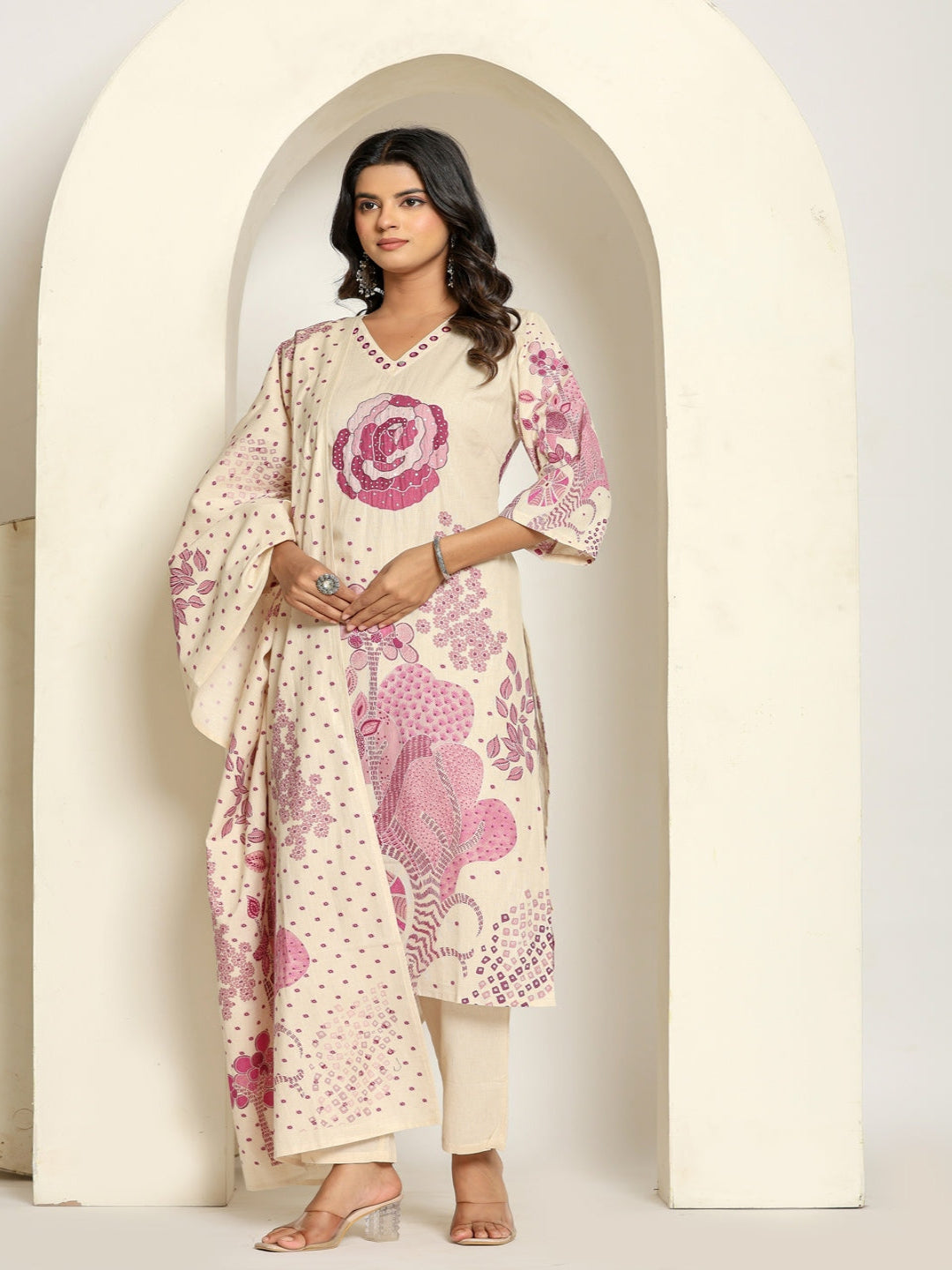 Women Printed Regular Pure Cotton Kurta With Trousers & Dupatta Solid Kurta