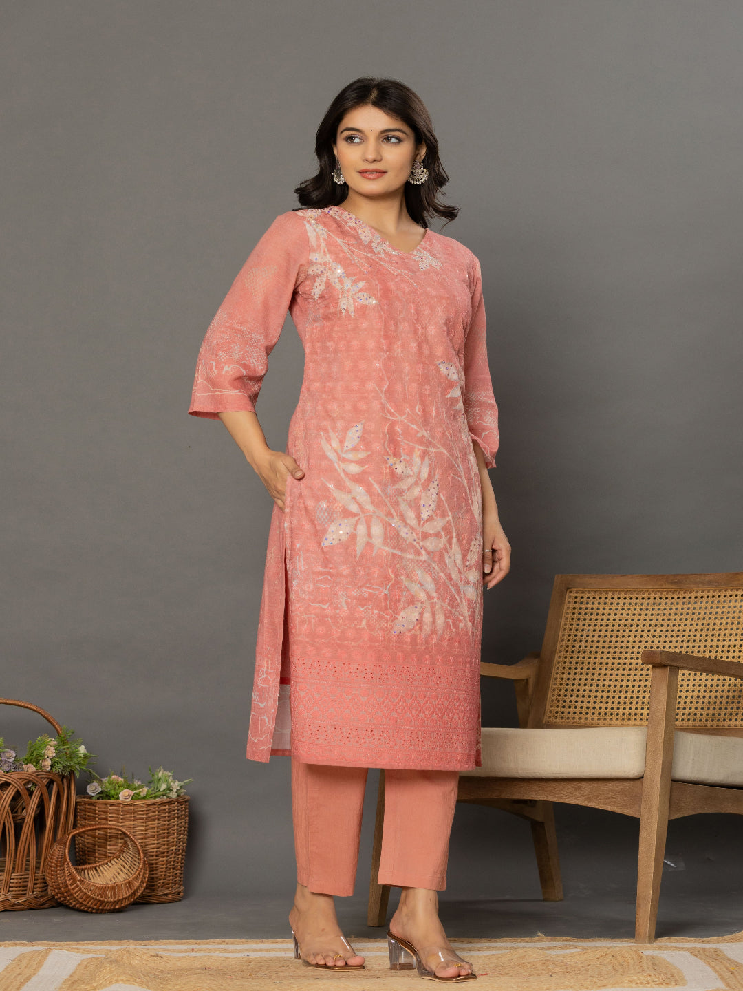 Peach Schiffli Straight Kurta with Embroidered V-Neck and Pant with Dupatta Front without dupatta