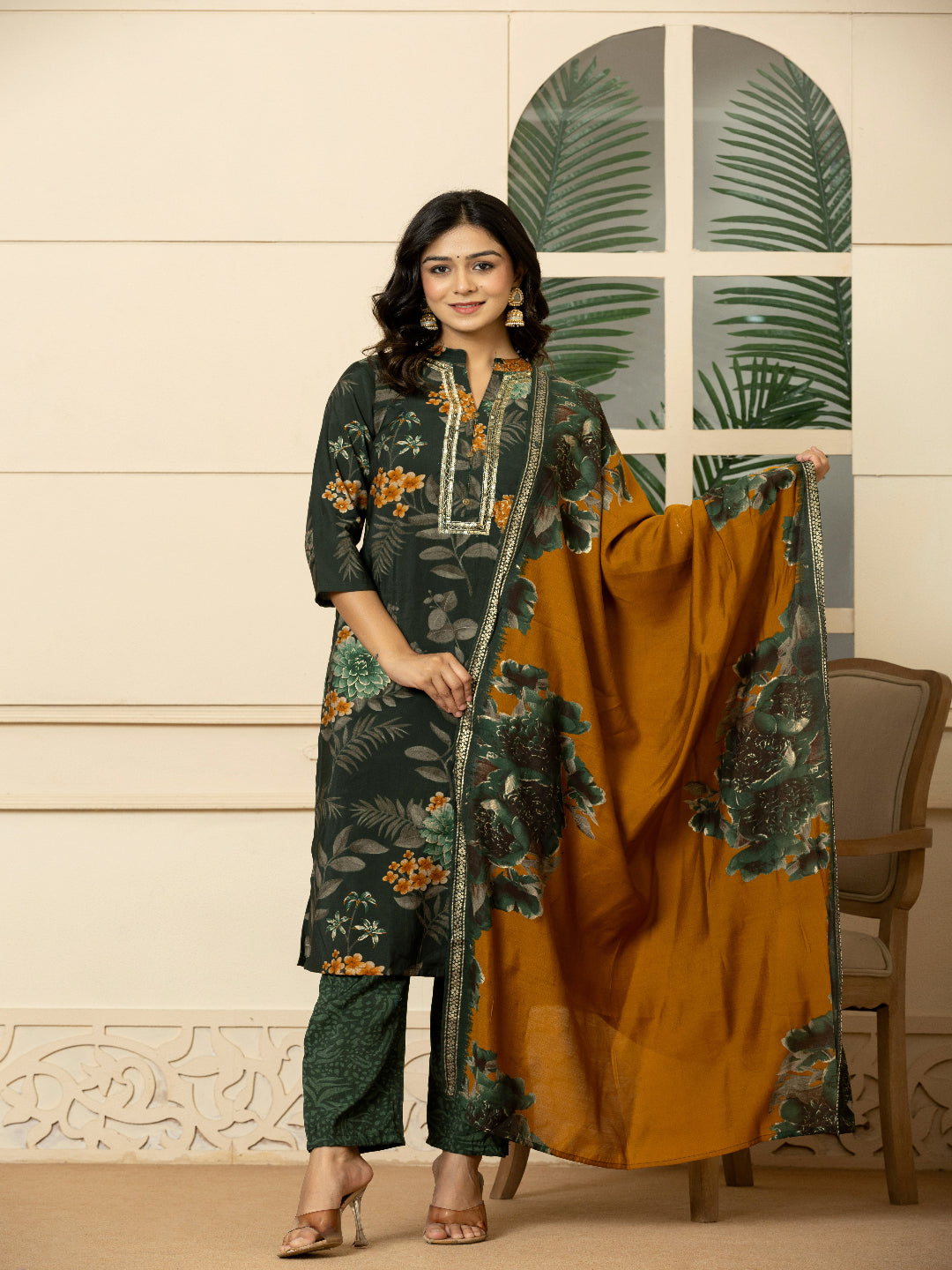 Green Modal chanderi Straight Kurta with Embroidered Collar and Pant with Dupatta 1st
