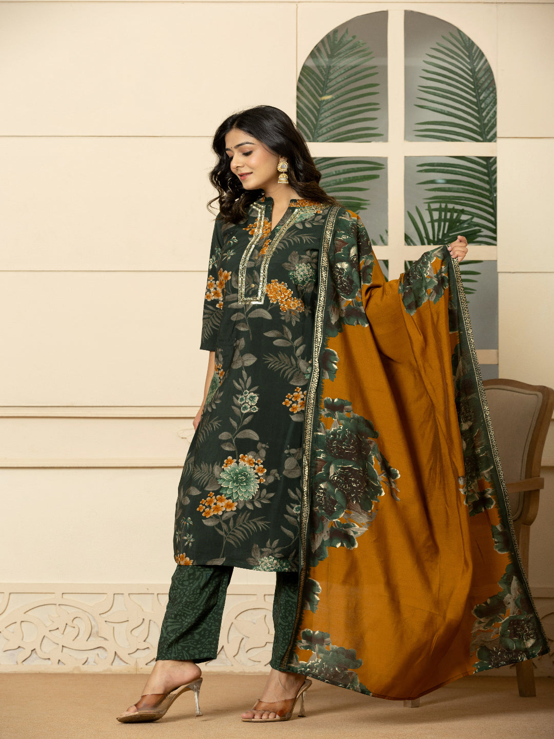 Green Modal chanderi Straight Kurta with Embroidered Collar and Pant with Dupatta 2nd