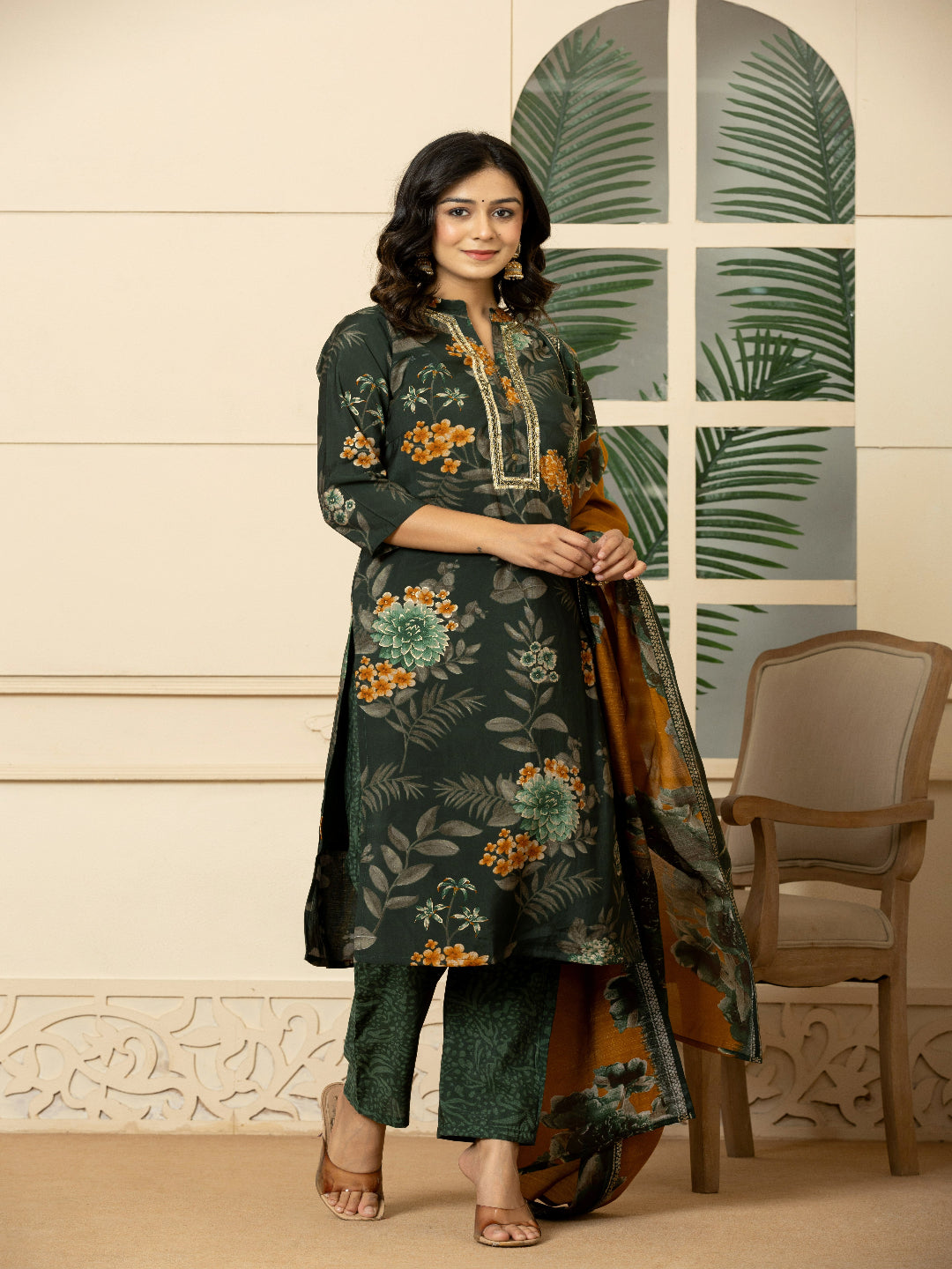 Green Modal chanderi Straight Kurta with Embroidered Collar and Pant with Dupatta 7th