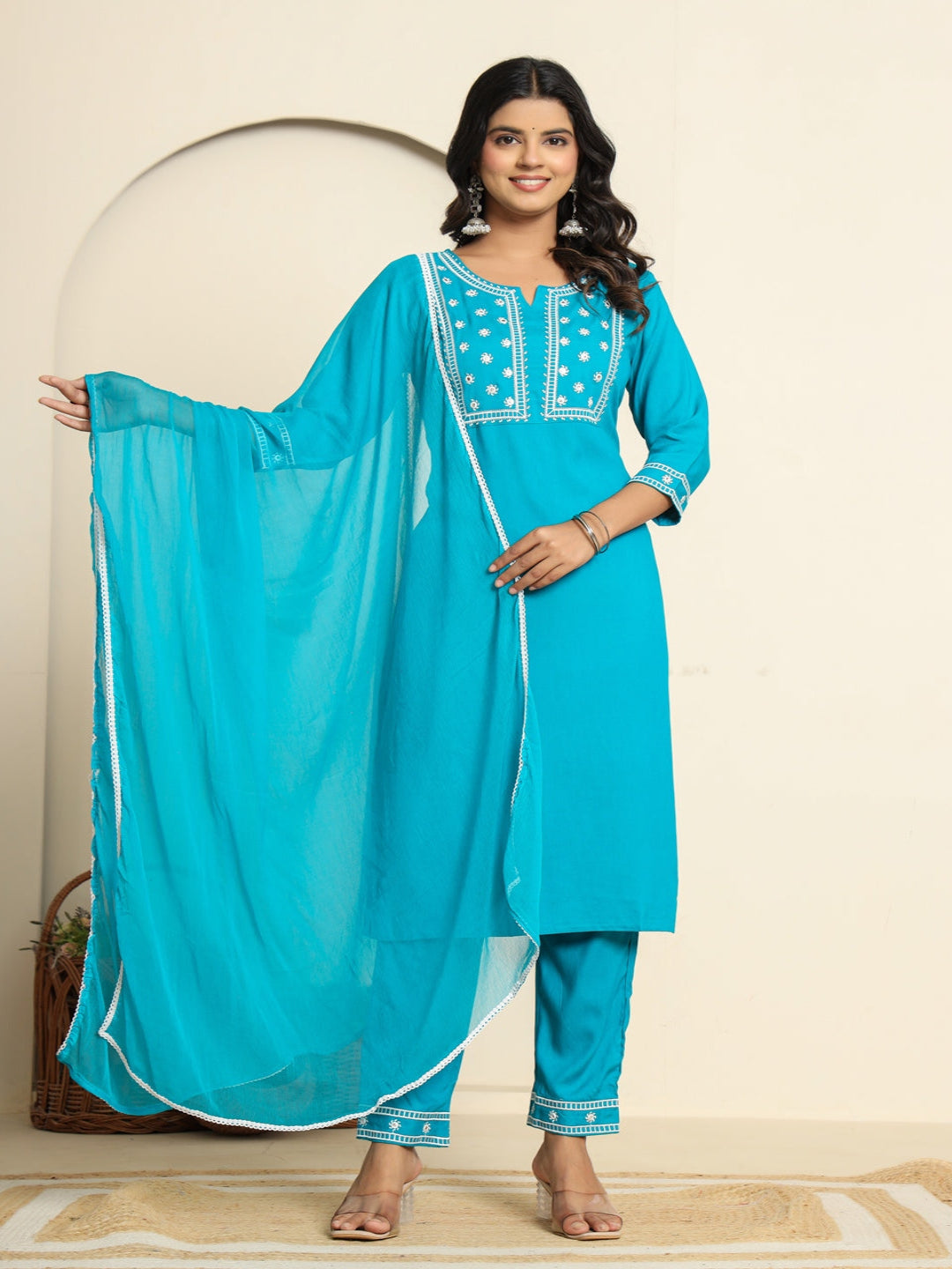 Light blue Royan Straight Kurta with Embroidered V- Nack and Pant with Dupatta 1st
